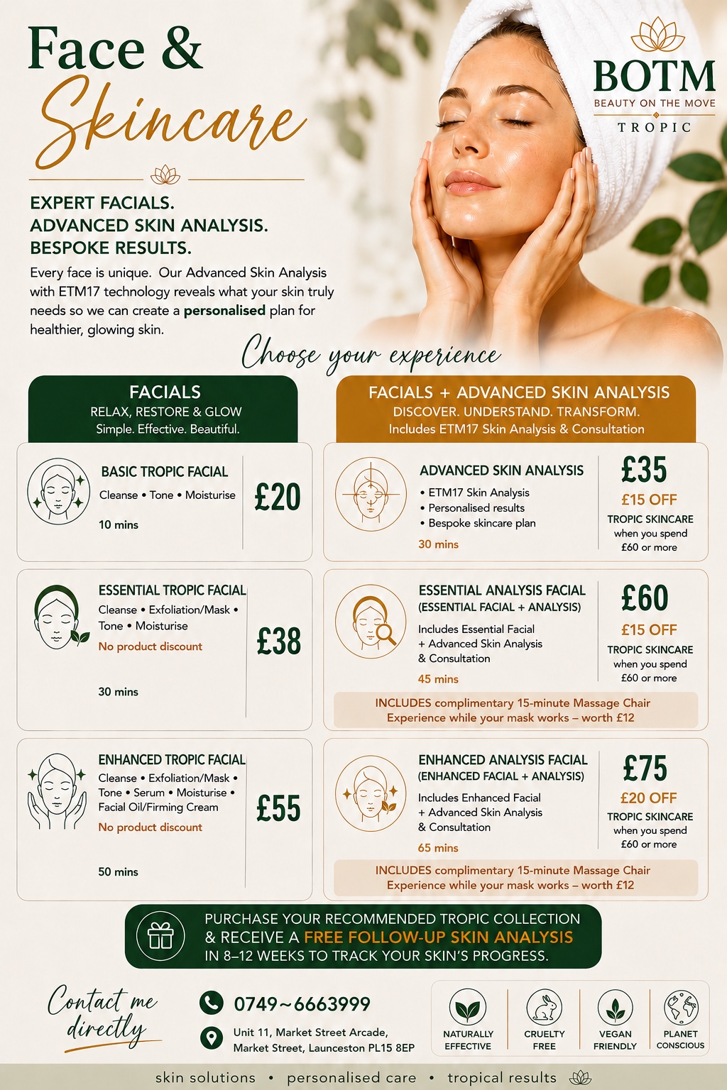 Beauty On The Move Face and Skincare menu with Tropic facial and advanced skin analysis prices