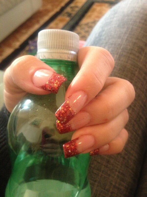 Sparkling red square-tip manicure by Beauty On The Move