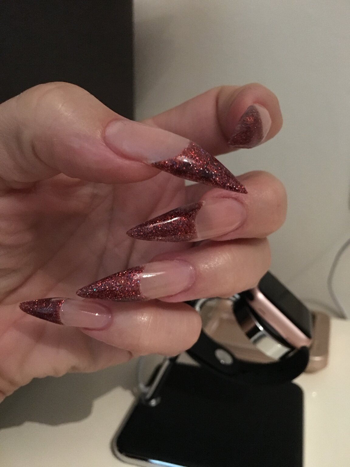 Long rose glitter stiletto nails